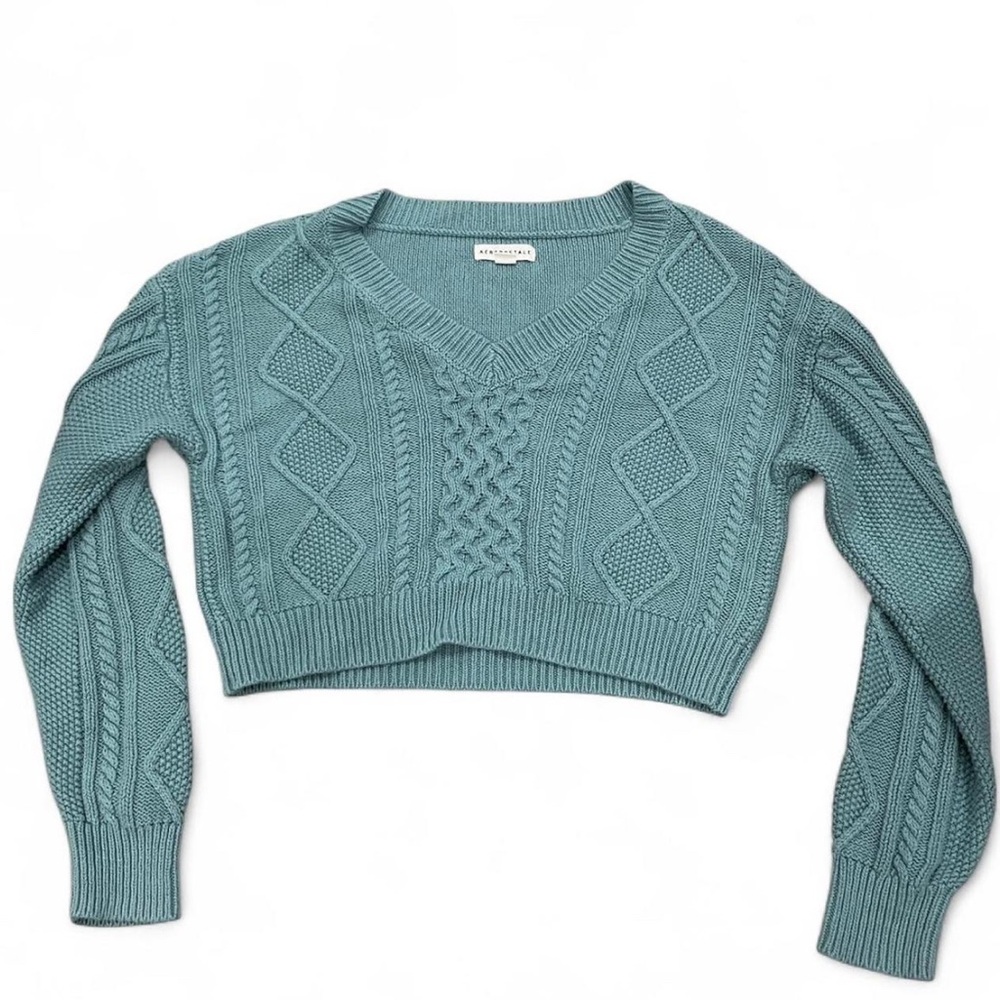 Aeropostale Teal Cable Knit V-Neck Sweater
